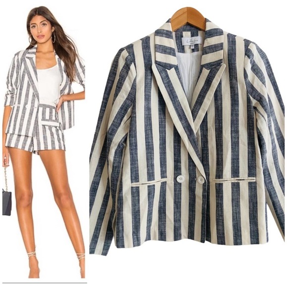 L'Academie Poppy Linen Blend Blue White Striped Blazer Size Small - Picture 9 of 10